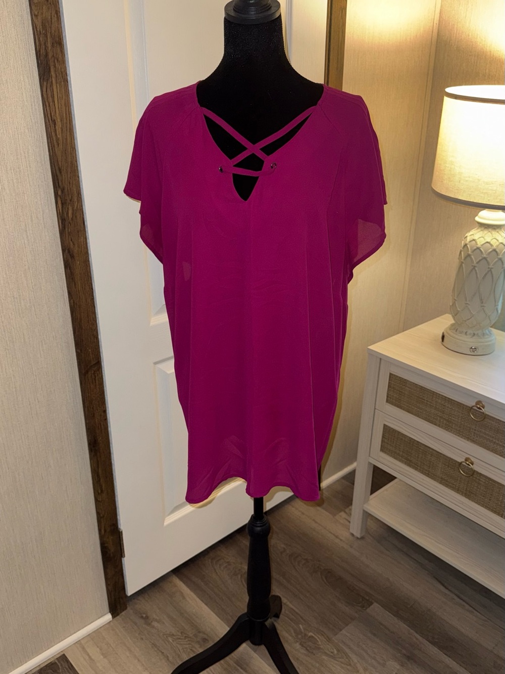 Maurices Magenta Crisscross V-Neck Flutter Sleeve Blouse